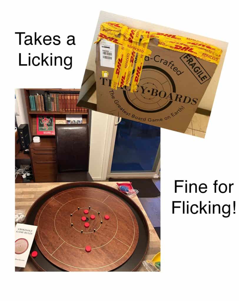 Fully packaged Tracey crokinole board arriving safely after taking a number of hard hits during shipping